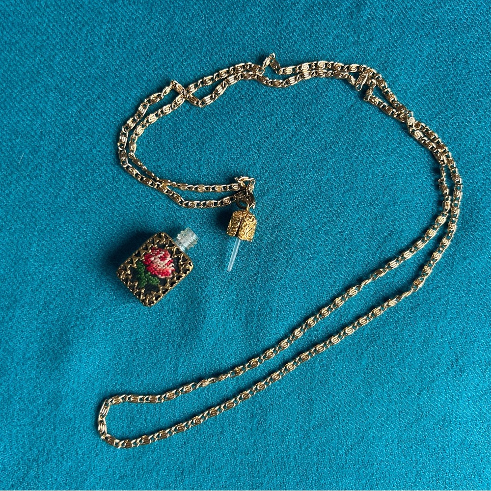 Mini Perfume Bottle on Chain with Intricate Cross Stitch Vtg